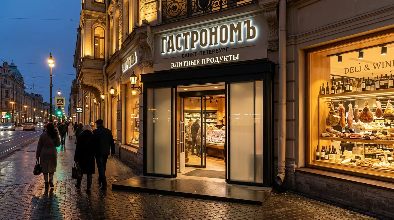 Автоматическая алюминиевая распашная дверь в продуктовом магазине