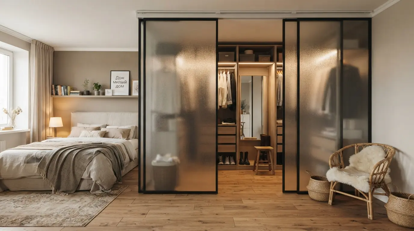 Установка раздвижных перегородок в квартире в гардеробной
